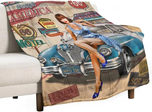 Miniatura 43 de Manta de motocicleta antigua, rústica y clásica, con temática de auto clásico, ruta de EE. UU., 66, patrón impreso, manta de franela súper suave