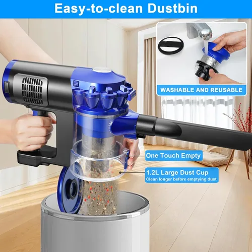 Miniatura 5 de iwoly Aspiradora inalámbrica con succión potente de 28 KPa, motor sin escobillas, filtro HEPA, 3 modos, batería desmontable, aspiradora de 2 en 1