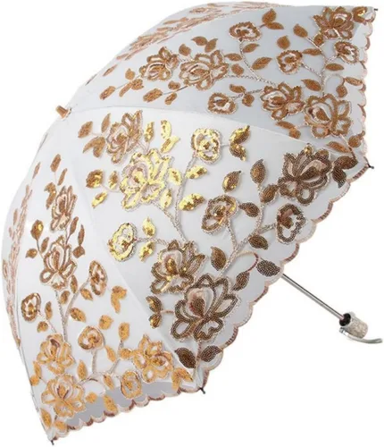 Miniatura 25 de Honeystore Sombrilla bordada con flor 3D plegable UV con encaje clásico