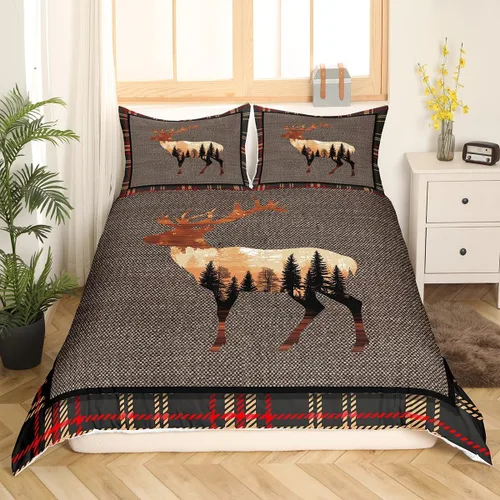 Miniatura 36 de Funda de edredón rústica tamaño Queen, juego de ropa de cama retro para cabaña de cabaña, oso de caza, ciervo, hojas de arce, funda de edredón