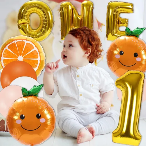 Miniatura 7 de Whaline 30 piezas de suministros de decoración de primer cumpleaños naranja Little Cutie número uno, globo de letra UNO, globos naranjas, globos