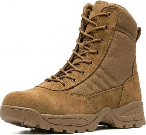 Miniatura 9 de Botas tácticas para hombre, 8 pulgadas, cremallera lateral, botas militares de combate de cuero, botas de trabajo para hombres, policía, motocicleta
