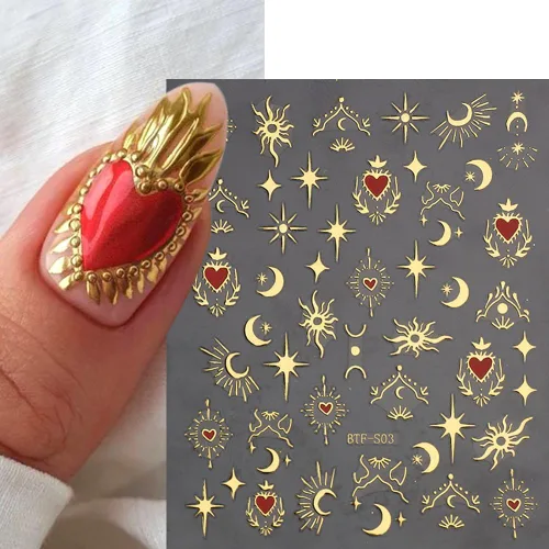 Miniatura 2 de 8 hojas de calcomanías doradas para arte de uñas, sol, estrella, luna bronceadora, calcomanías de uñas autoadhesivas 3D, calcomanías de uñas