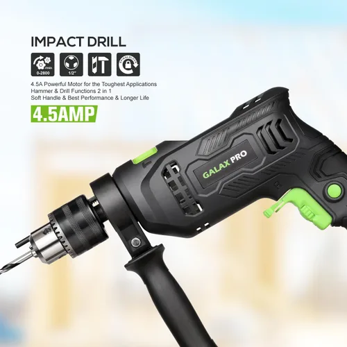 Miniatura 2 de GALAX PRO Taladro de martillo con cable de 4.5 amperios 0-3000 RPM, 5 brocas, martillo y taladro, 2 funciones en 1 con 12 velocidades variables