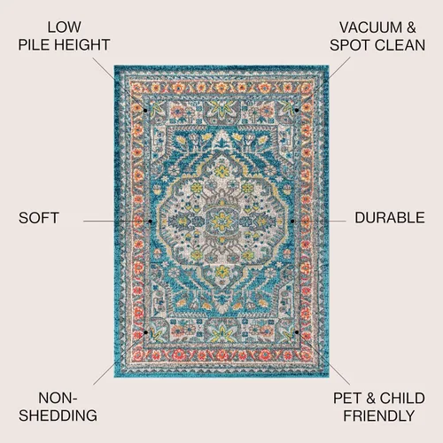 Miniatura 2 de JONATHAN Y Alfombra bohemia para interiores, color azul y amarillo, 3 x 5, medallón bohemio elegante, floral, fácil de limpiar, alto tráfico