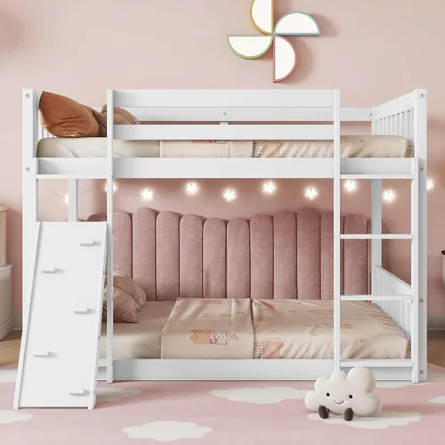 Miniatura 12 de Litera de casa individual sobre cama individual con tobogán convertible y nido, litera de madera maciza con techo y ventana para niños, verde-blanco