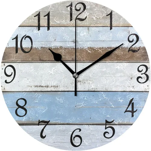 Miniatura 26 de Reloj de pared rústico retro con puerta de granero de madera, marrón, azul, funciona con pilas, silencioso, sin tictac, 10 pulgadas, reloj de mesa