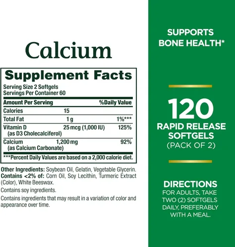 Miniatura 2 de Nature's Bounty Calcio 1200 mg con vitamina D3 - Cápsulas blandas para la salud ósea, suplemento de calcio y vitamina D, 120 unidades (paquete de 2)