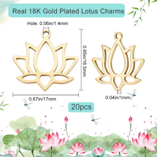 Miniatura 2 de Beebeecraft 1 Box 20Pcs Lotus Flower Charms 18K Gold Plated Brass Tibetan Style Flat Flower Charms for Jewelry Making