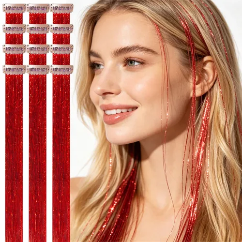Miniatura 18 de Celinebella 6 extensiones de cabello con clip de mezcla de color rojo, plateado y azul, 6 unidades, resistentes al calor, para mujeres, 17-Azul