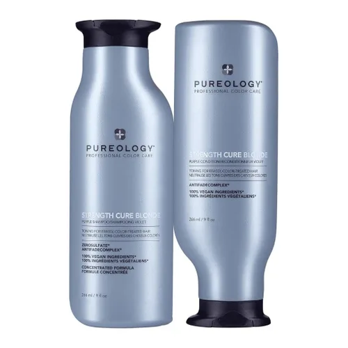 Pureology Strength Cure - Paquete de champú y acondicionador morado rubio | Para rubio y aclarado con tratamiento de color | Sin sulfato | Vegano |
