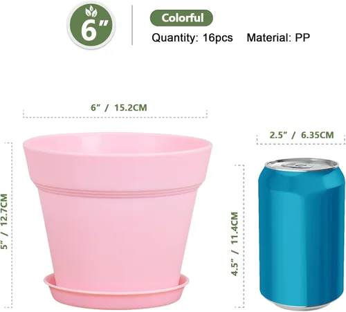 Miniatura 2 de Meowell Macetas de plástico de 6 pulgadas, paquete de 16 macetas para plantas de interior y exterior, macetas con agujeros de drenaje y platillos