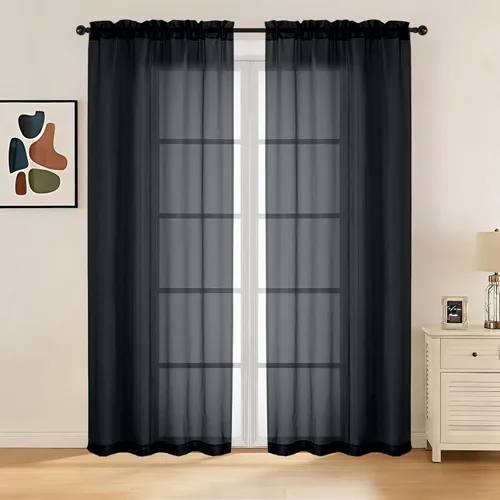 Miniatura 53 de LIVEKID Cortinas traslúcidas negras de cocina de 36 pulgadas de largo, cortinas cortas filtrantes de luz, 2 paneles de gasa aireada, texturizadas