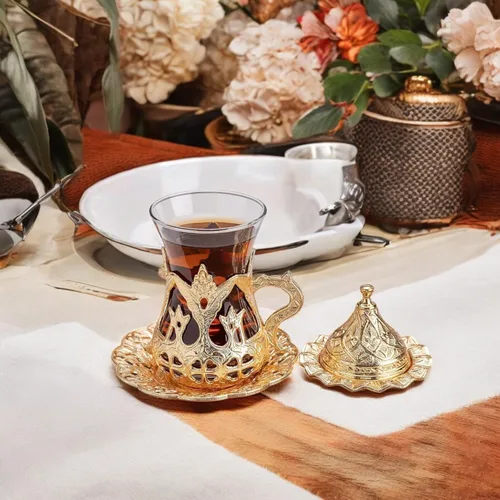 Miniatura 3 de Alisveristime Cakmali - Juego de té turco con 6 tazas de vidrio, 3.4 fl oz, dorado
