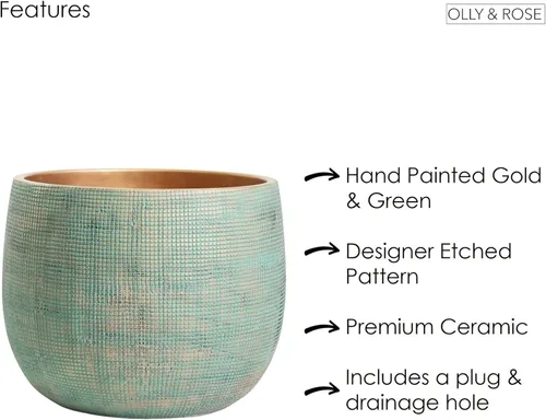 Miniatura 6 de Olly & Rose Bali - Maceta de cemento de cerámica de 10 pulgadas, macetas para interiores y exteriores, jardín y maceta Dorado verde azulado