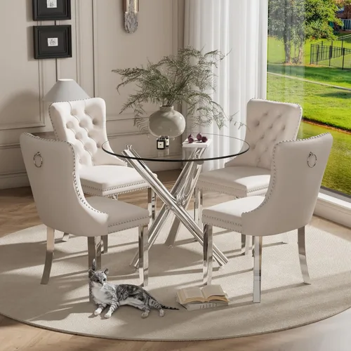 Miniatura 44 de Juego pequeño de mesa redonda con tapa de vidrio transparente para 2, 36'' Juego moderno de lujo para cenas circulares, 3 piezas Juego minimalista