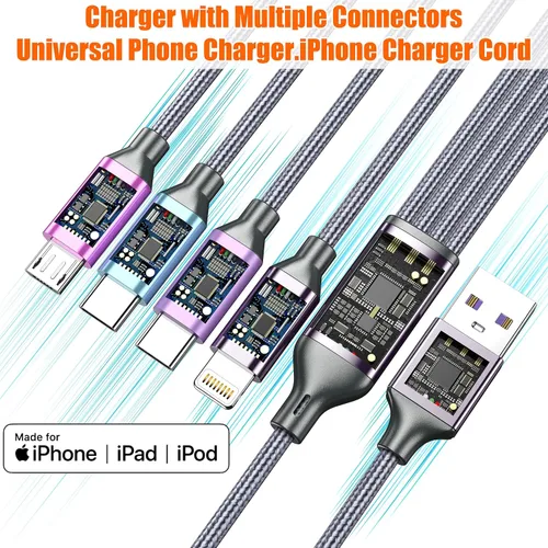 Miniatura 4 de Doub Tyep-C 4 en 1 cable de carga múltiple de 4 pies, cable de carga de nailon trenzado Lightning para iPhone, cable de carga universal con tipo C