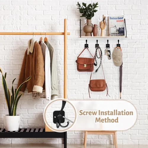 Miniatura 5 de VIS'V Ganchos para colgar abrigos de pared, ganchos de metal autoadhesivos de 3 puntas para puerta de entrada, 2 opciones de montaje, negro, 4