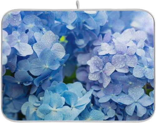 Tarity Tapete de secado de platos de hortensias azules para encimera de cocina, absorbente, resistente al calor, tapete escurridor de platos de