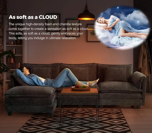 Miniatura 6 de ELUCHANG Sofá modular de gran tamaño de 79 pulgadas, cómodo sofá en forma de nube para sala de estar, sofá en forma de L con otomana, sofá de Negro