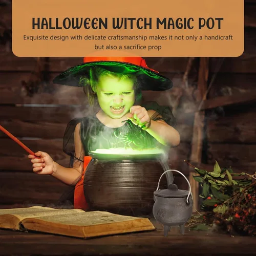 Miniatura 2 de DOITOOL Caldero de hierro fundido con tapa y asa, caldero de bruja de Halloween, olla de bruja negra para manchar, quemar incienso, decoración
