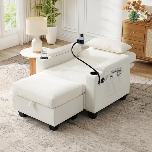 Miniatura 9 de Chaise Lounge Chair para interiores con puerto USB y soporte para teléfono, sillón reclinable pequeño de felpilla con otomana de almacenamiento
