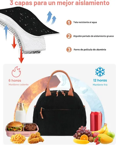 Miniatura 3 de Bluboon Bolsa de almuerzo para mujer, bonita bolsa de almuerzo de pana con correa para el hombro, reutilizable, aislada, gran capacidad