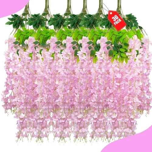 Miniatura 47 de Paquete de 12 flores colgantes de glicina rosa, flores colgantes falsas de 3.44 pies, guirnalda de glicina artificial para decoración de boda, telón