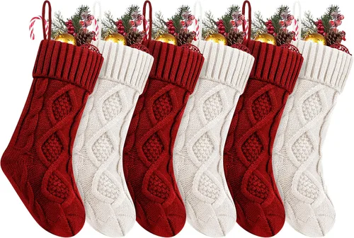 Miniatura 20 de Fesciory Calcetines de Navidad, paquete de 6 calcetines de punto grandes de 18 pulgadas y decoración para fiestas familiares de Navidad, borgoña
