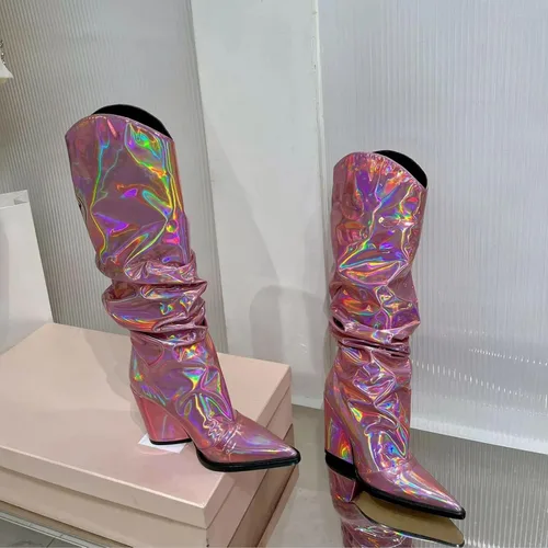 Miniatura 8 de Vertundy Botas altas hasta la rodilla metálicas con punta puntiaguda para mujer, botas altas de tacón alto de charol plisadas, botas largas plisadas
