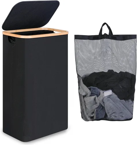 Miniatura 15 de iEGrow Cesta de lavandería delgada de 65L, cesta de lavandería estrecha con tapa, cesta de ropa plegable con asas de bambú, cesta de lavandería
