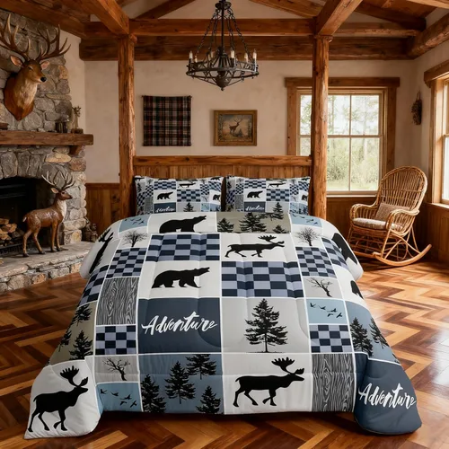 Miniatura 10 de Juego de edredón de cuernos de ciervo tamaño individual, juego de ropa de cama rústica de granja con huellas de oso y pinos para decoración