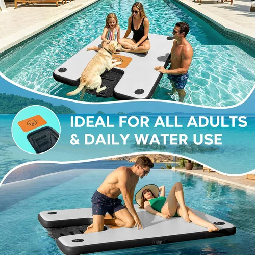 Miniatura 4 de AWEMUFA Muelle flotante inflable con rampa de 5 pies/6 pies/8 pies/10 pies, plataforma flotante flotante, tapete flotante de isla flotante, flotador