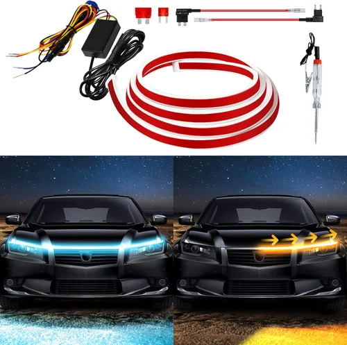 Miniatura 8 de Tira de luz LED para capó exterior del coche, kit de haz de arranque de escaneo dinámico de doble color, luces de circulación diurna LED blancas
