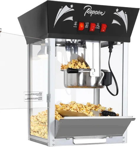 Máquina de hacer palomitas, hervidor de 12 onzas de acero inoxidable, máquina comercial de palomitas con vidrio templado, bandeja de calentamiento,