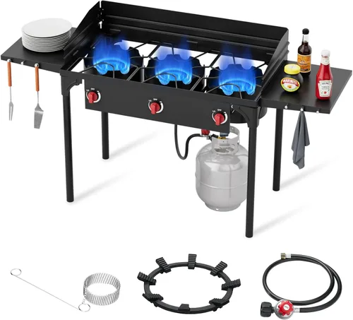 Miniatura 10 de Quemador de Propano de Alta Presión, Estufa de Camping de 3 Quemadores con Patas Desmontables, Quemador de Estufa de Gas Propano de 225,000 BTU