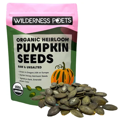 Wilderness Poets, Semillas de calabaza orgánicas de reliquia, variedad de estiria, sin cáscara, naturalmente sin cáscara, sin sal, tamaño a granel,