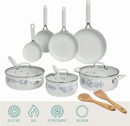 Miniatura 5 de Pioneer Woman Style Agatha - Juego de utensilios de cocina clásicos de aluminio y cerámica, 12 piezas, color azul