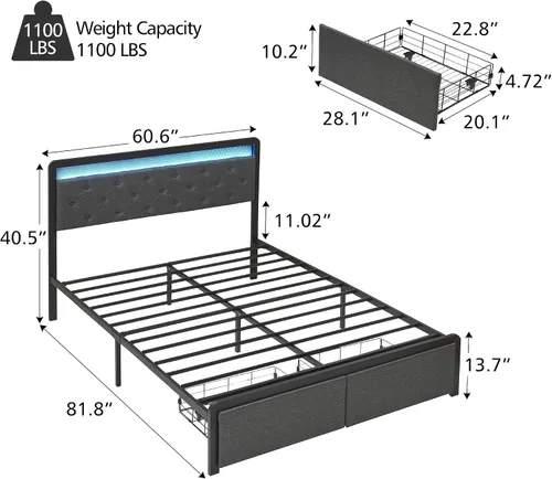 Miniatura 2 de Base de cama Queen con 2 cajones de almacenamiento, cabecera capitonada con botones y luces LED, cama de plataforma tapizada con almacenamiento