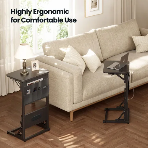 Miniatura 6 de HLDIRECT - Mesa auxiliar en forma de C con estación de carga, mesa lateral para sofá con bolsa de almacenamiento, bandeja para TV ajustable