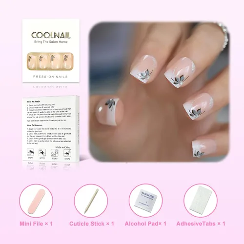 Miniatura 2 de Coolnail Uñas acrílicas clásicas a presión con flores cortas, uñas cuadradas de diseño natural, uñas postizas con purpurina para uso diario