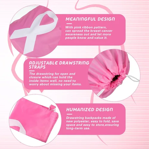 Miniatura 3 de Silkfly 100 unidades de mochila con cordón para concientización sobre el cáncer de mama, bolsas con cordón rosa a granel, bolsas con cordón