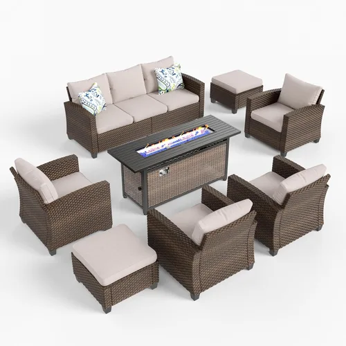 Miniatura 9 de HERA'S HOUSE Juego de muebles para patio, muebles de mimbre para exteriores con fogata, 8 piezas de sofás de conversación para exteriores con Beige