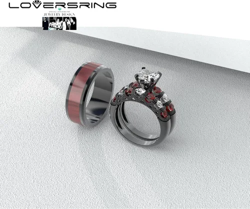 Miniatura 9 de Conjunto de dos anillos de boda para él y para ella, anillos para parejas. Anillos de compromiso para novia en acero inoxidable chapado en oro Blanco