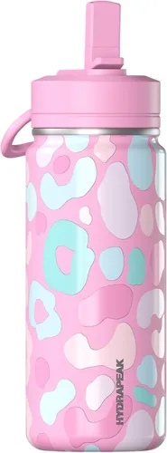 Hydrapeak Mini botella de agua de 20 onzas con divertido estampado de calcomanías y tapa con popote, botella de agua aislada de doble pared de acero