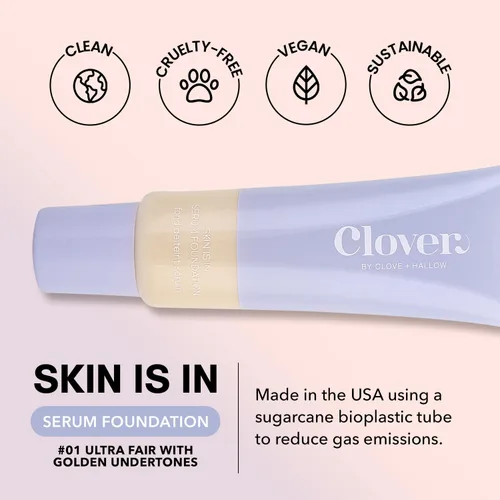Miniatura 2 de Clover Skin Is In Serum Foundation Suero facial hidratante, base ligera, libre de crueldad animal y vegano, con escualano y cera de semillas de 10