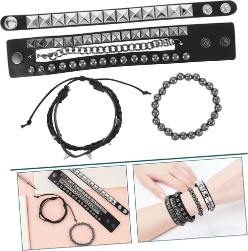 Miniatura 9 de NOLITOY 4pcs Punk Multilayered Bracelet with Studded Rivets Adjustable Vintage Style Faux Leather Wristband for Street Fashion Daily Wear and Goth