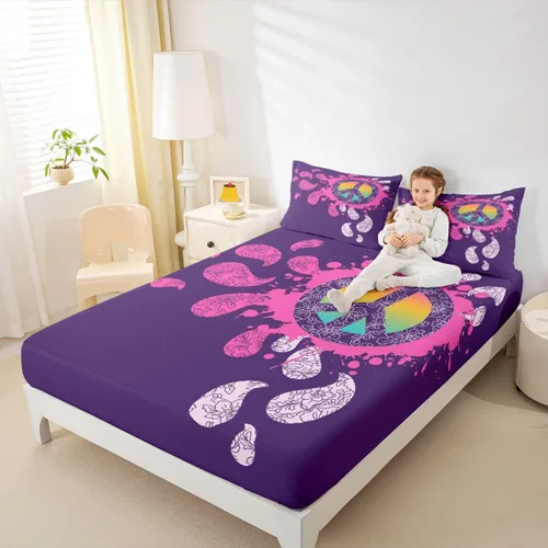 Miniatura 4 de Erosebridal - Juego de sábanas hippie para niños, tamaño doble, diseño de signo de la paz púrpura, sábana bajera bohemia, exótica para niños