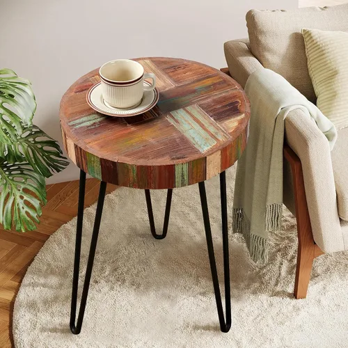 Mesa auxiliar de madera multicolor de 16 x 16 x 21.5 pulgadas de alto, mesas auxiliares de madera recuperada de granja redondas, estilo vintage,