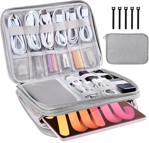 Miniatura 9 de Estuche organizador electrónico de viaje, bolsa para cables de viaje, resistente al agua, bolsa de doble capa para cables, cables, iPad Mini, regalo